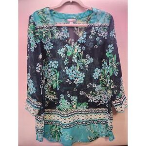 J. Jill M Semi Sheer Floral Print Polyester 3/4 Sleeve V-Neck Button Top Coastal